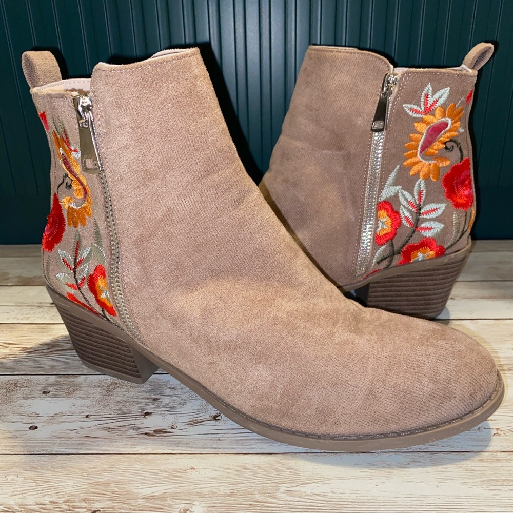 Embroidered Tan Ankle Boots